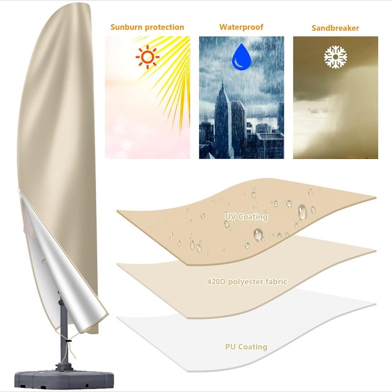 OKPOW Patio Cantilever Umbrella Covers for Outdoor: Waterproof Offset Umbrella Cover Banana Style with Zipper fits 9FT to 14FT, Khaki - Image 3